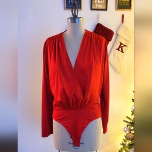 Red Deep V-neck Dressy Bodysuit